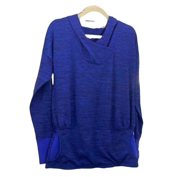 Athleta Heathered Blue Hooded Top Kangaroo Pocket Cross Neck Drop Waist Size S - Picture 1 of 15